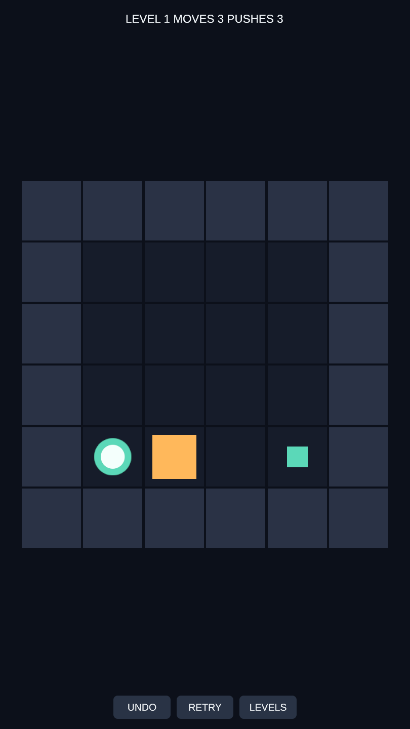 ハコオシのプレイ画面。上に LEVEL 1 MOVES 3 PUSHES 3、下に UNDO・RETRY・LEVELS のボタン